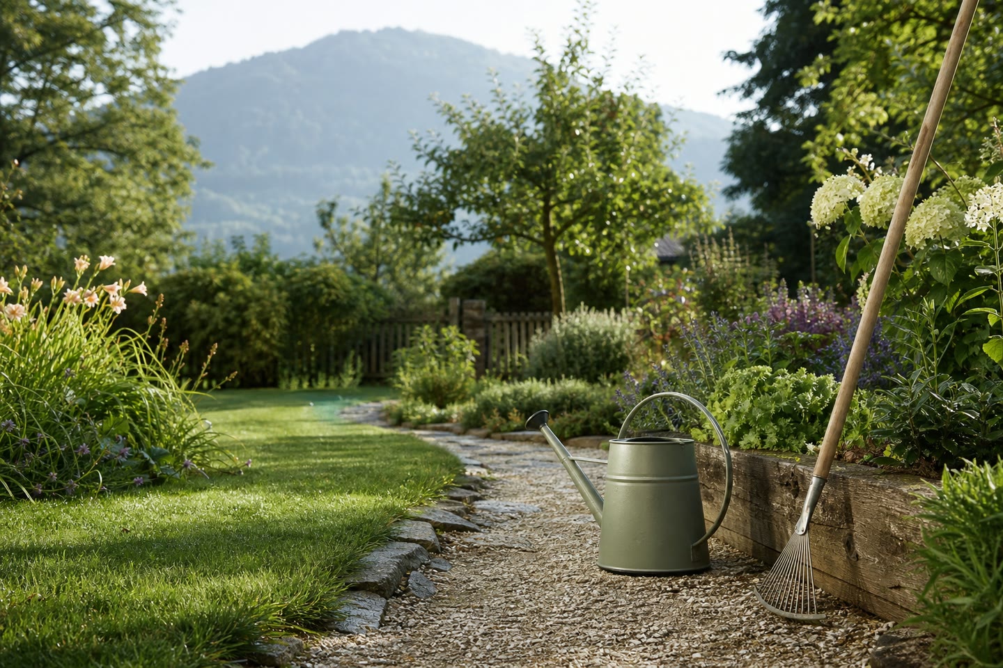Gepflegter naturnaher Garten vor Chiemgauer Bergkulisse als KI-generiertes Symbolbild