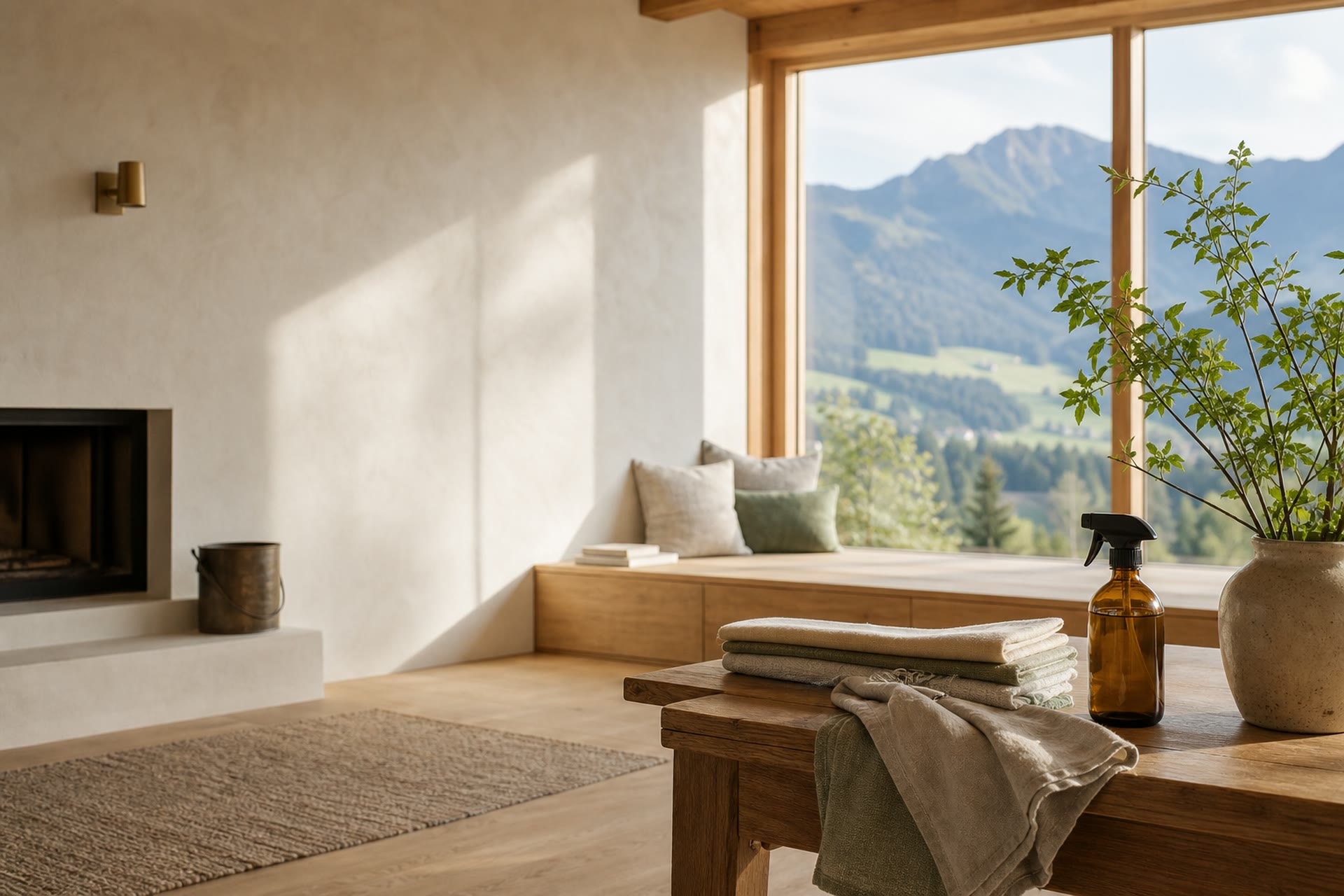 Heller gepflegter Wohnraum mit Blick auf die Chiemgauer Berge als KI-generiertes Symbolbild
