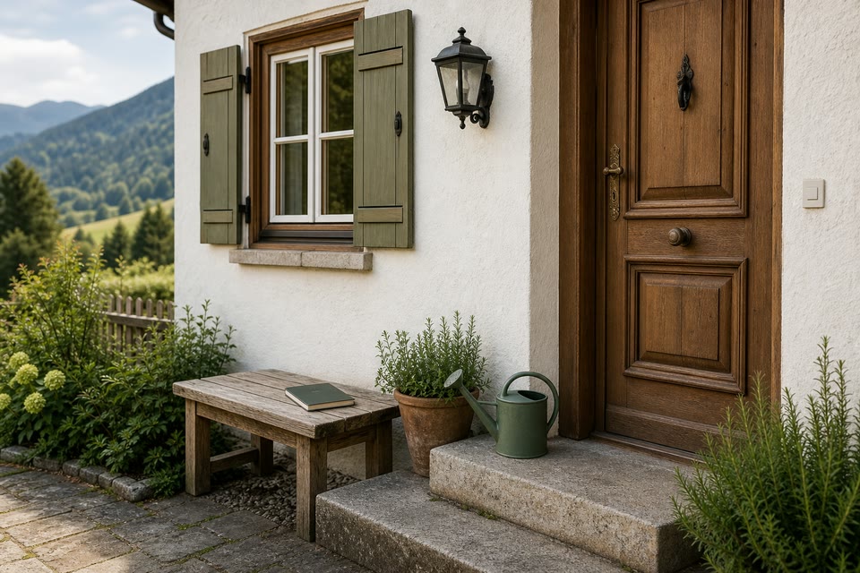 Gepflegtes unbewohntes Chiemgauer Haus bei Tageslicht als KI-generiertes Symbolbild
