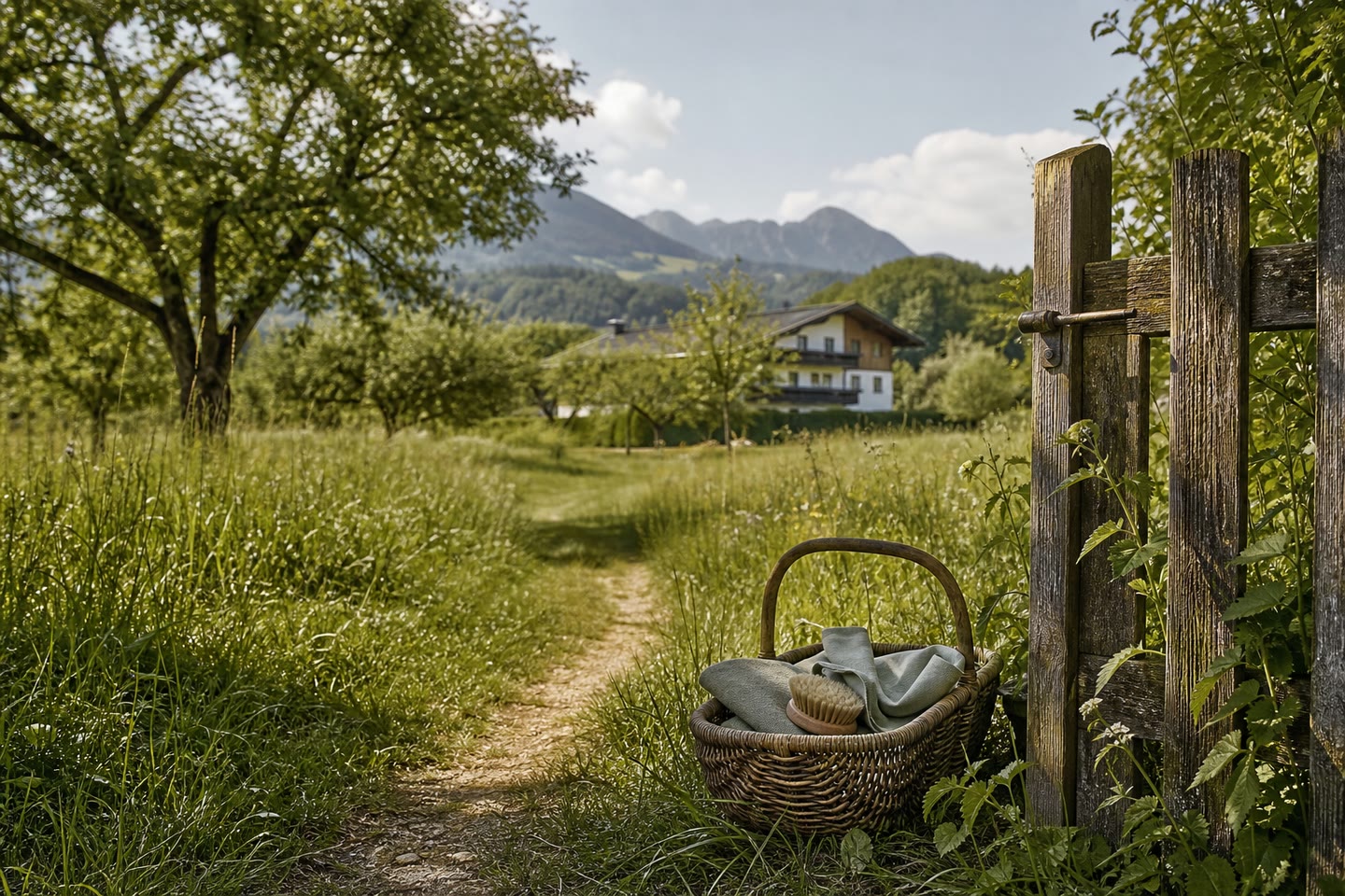 Ruhige Chiemgauer Landschaft mit gepflegtem Haus als KI-generiertes Symbolbild